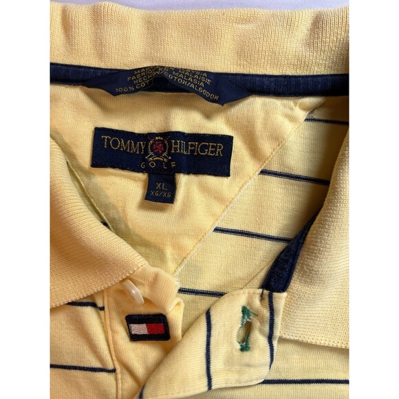 Tommy Hilfiger Polo Shirt Waffle Knit Polo Stripe Yellow Blue Box Crest Men's XL - Picture 2 of 3